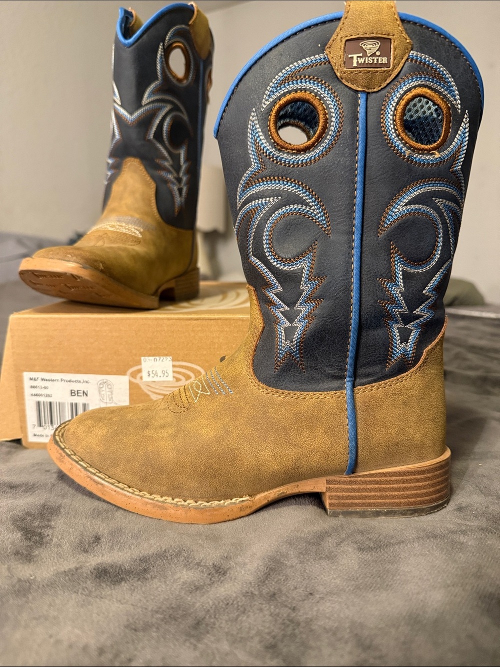 Twister Tan & Navy Pull-On Western Boots with Blue Trim